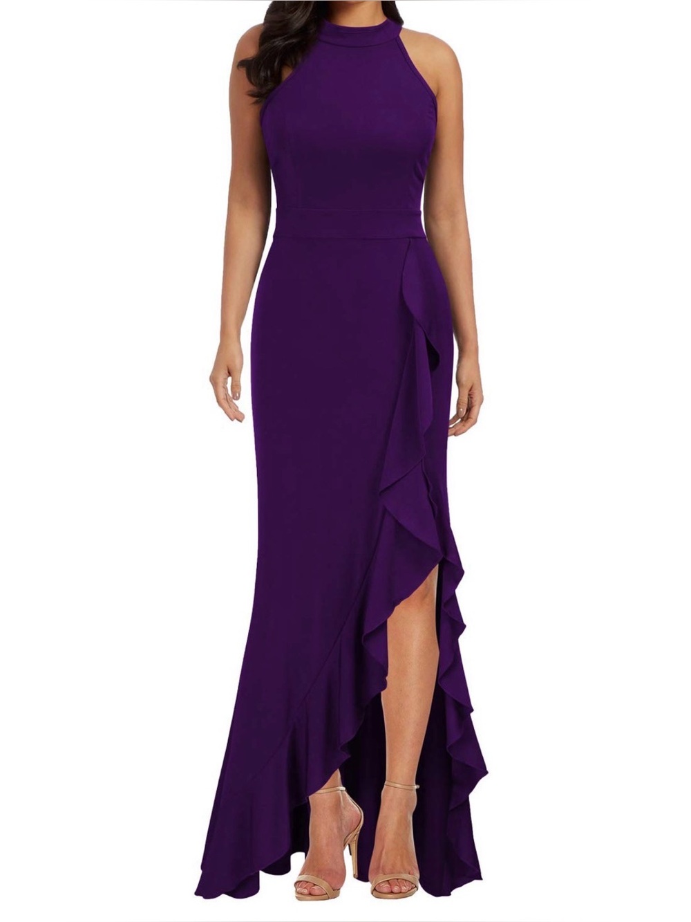 Women's High Neck Split Bodycon Mermaid Evening Long Dress Purple - Medium